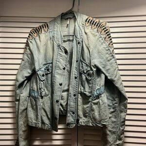 Free People Embroidered Chambray Denim Linen Jacket